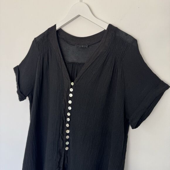 Meo Meli Black Linen Gauze Top Roll Tab Sleeve Abalone Shell Button Up L-XL - Picture 4 of 11